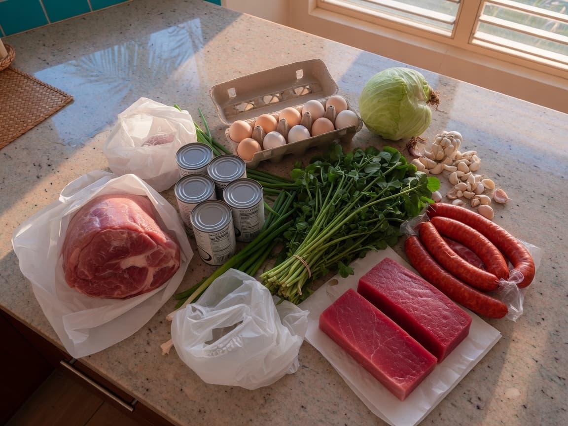 Oahu grocery haul: pork shoulder, watercress, ahi, eggs, cabbage
