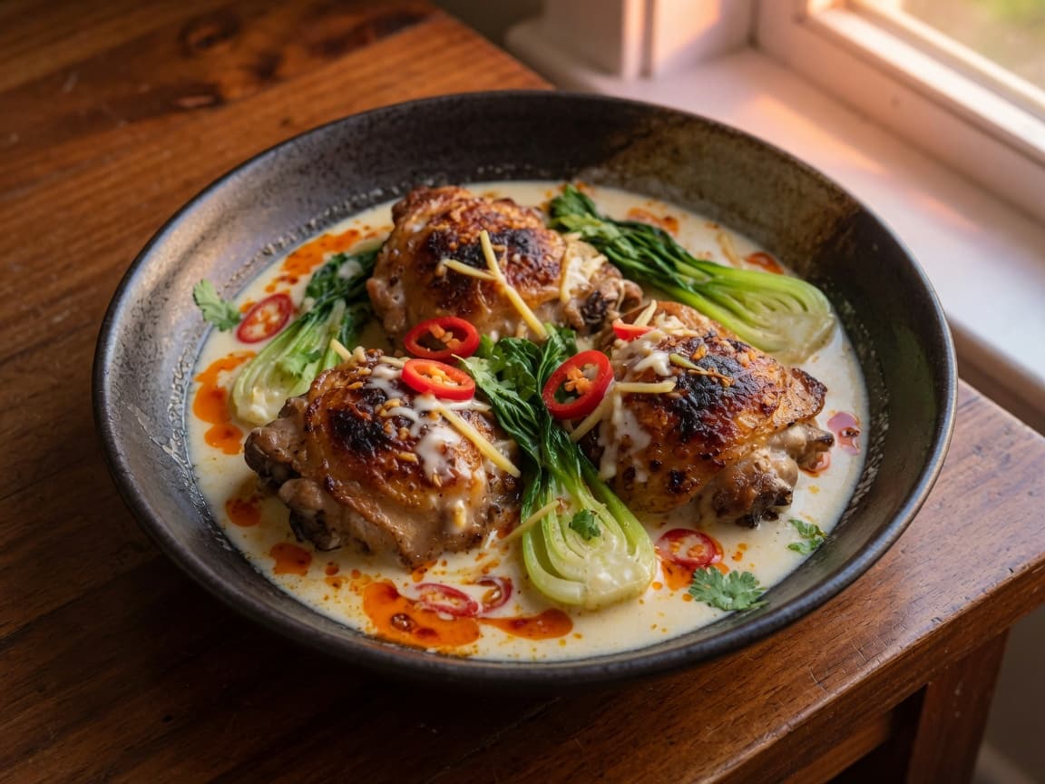 Coconut-Milk Chicken Thighs with Bok Choy, Ginger, and Chili