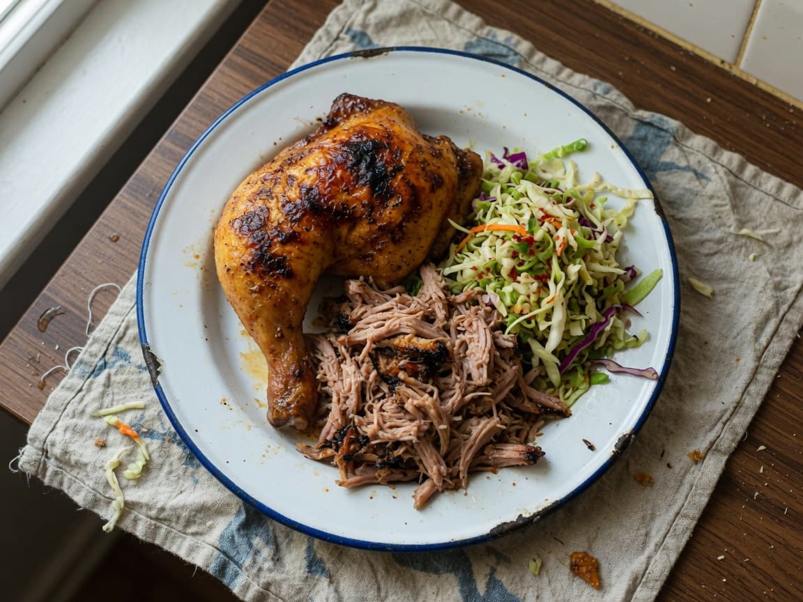 Weeknight Mixed Plate: Rotisserie + Kalua Leftovers + Chili-Cabbage Slaw